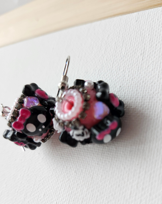 Kawaii Pink and Black Skull Fancy Earrings