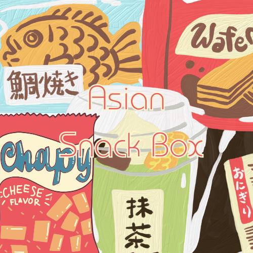 Colorful illustration of an Asian snack box gift featuring traditional snacks and drinks