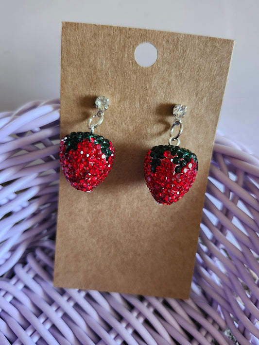 Bedazzled strawberry jewelry earrings with sparkling red and green rhinestones for a trendy look