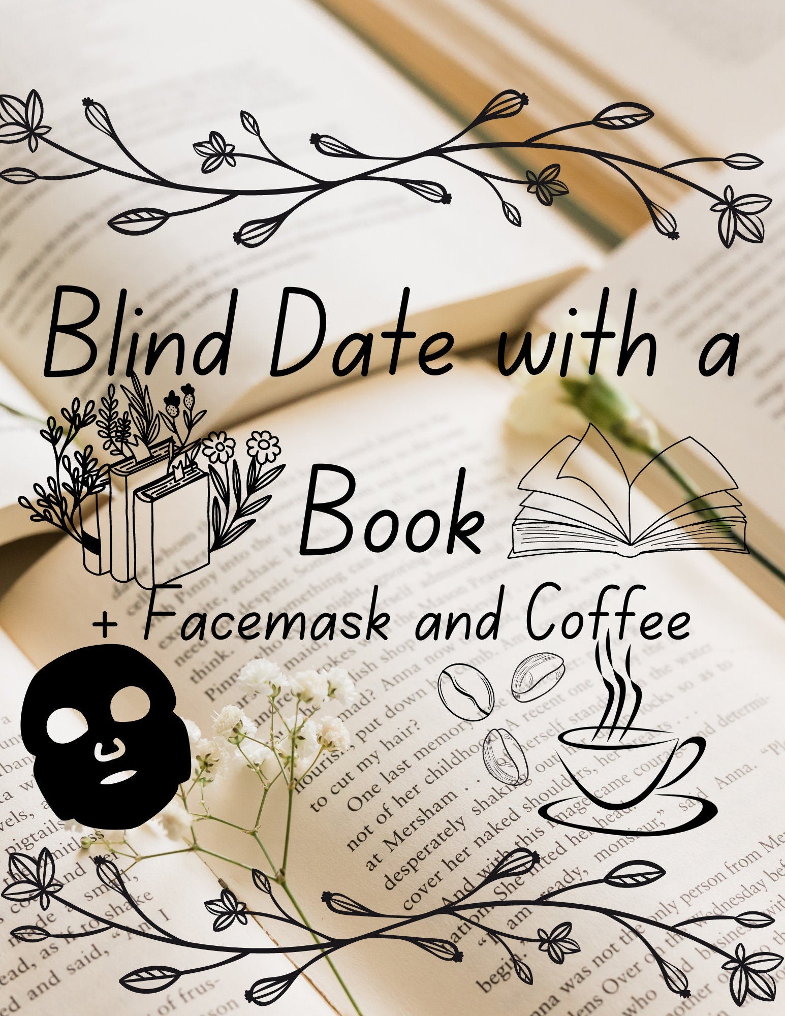 Blind Date with a Book gift featuring illustrated books, facemask, and coffee on an open book background