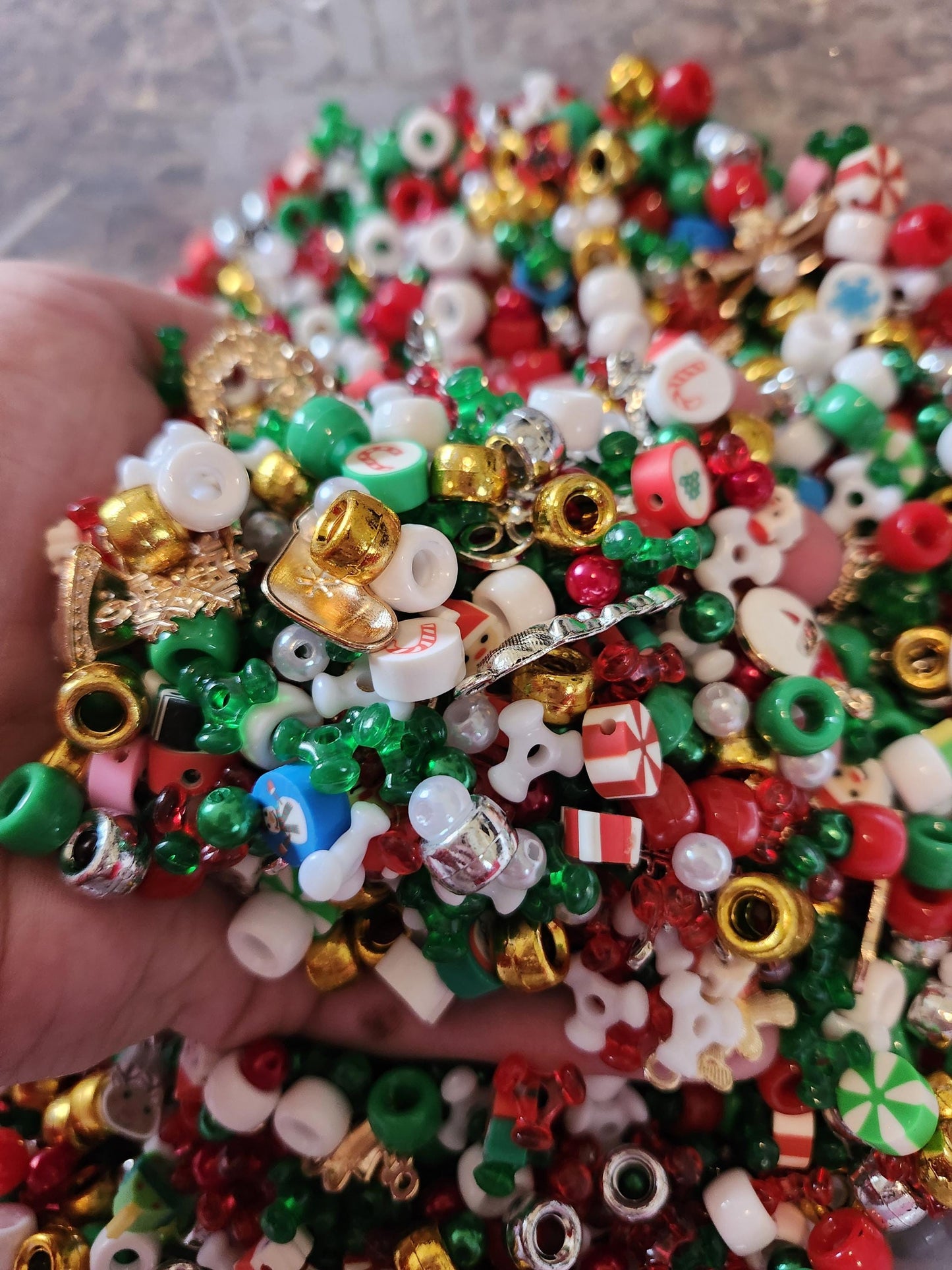 Colorful Christmas bead mix featuring red, green, and white beads for festive crafts