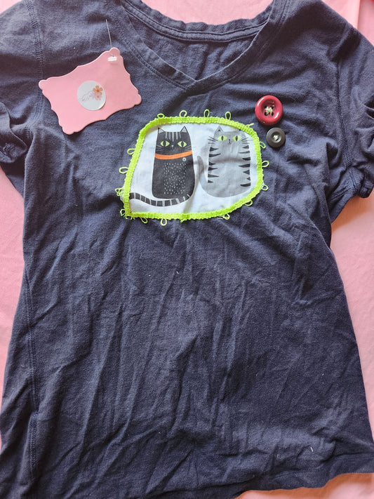 Navy T-shirt with playful cat design and lace trim, perfect handmade cat apparel for pet lovers