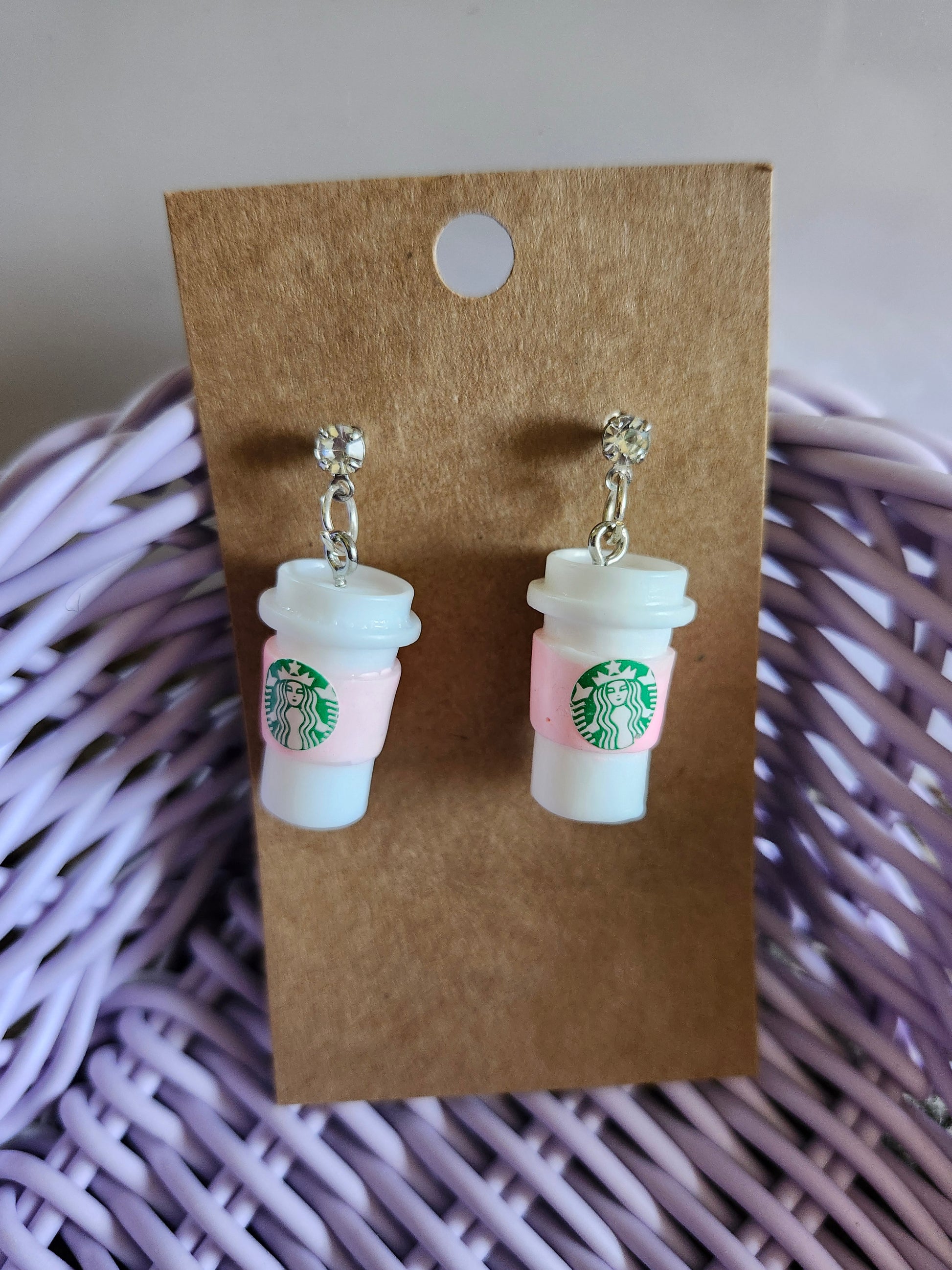 Cute handmade Starbucks earrings shaped like coffee cups with a pink design