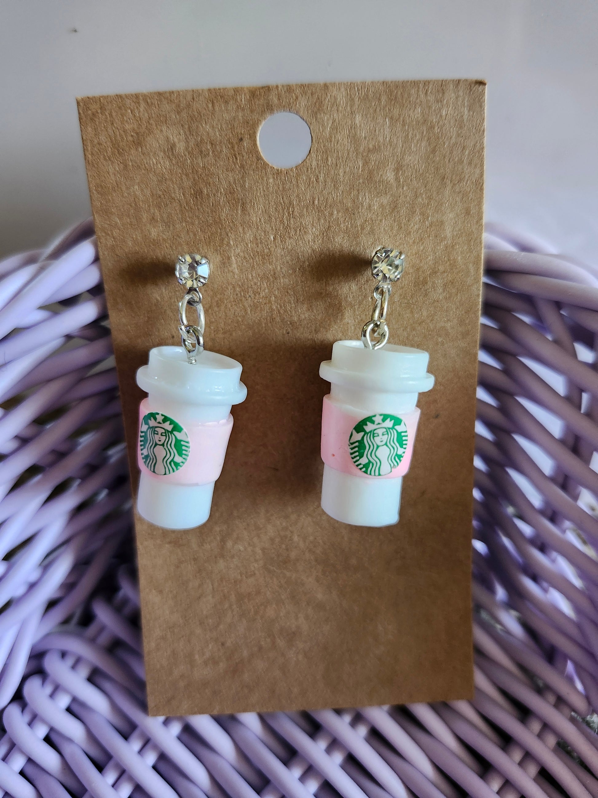 Handmade Starbucks earrings featuring cute coffee cup designs with pink accents