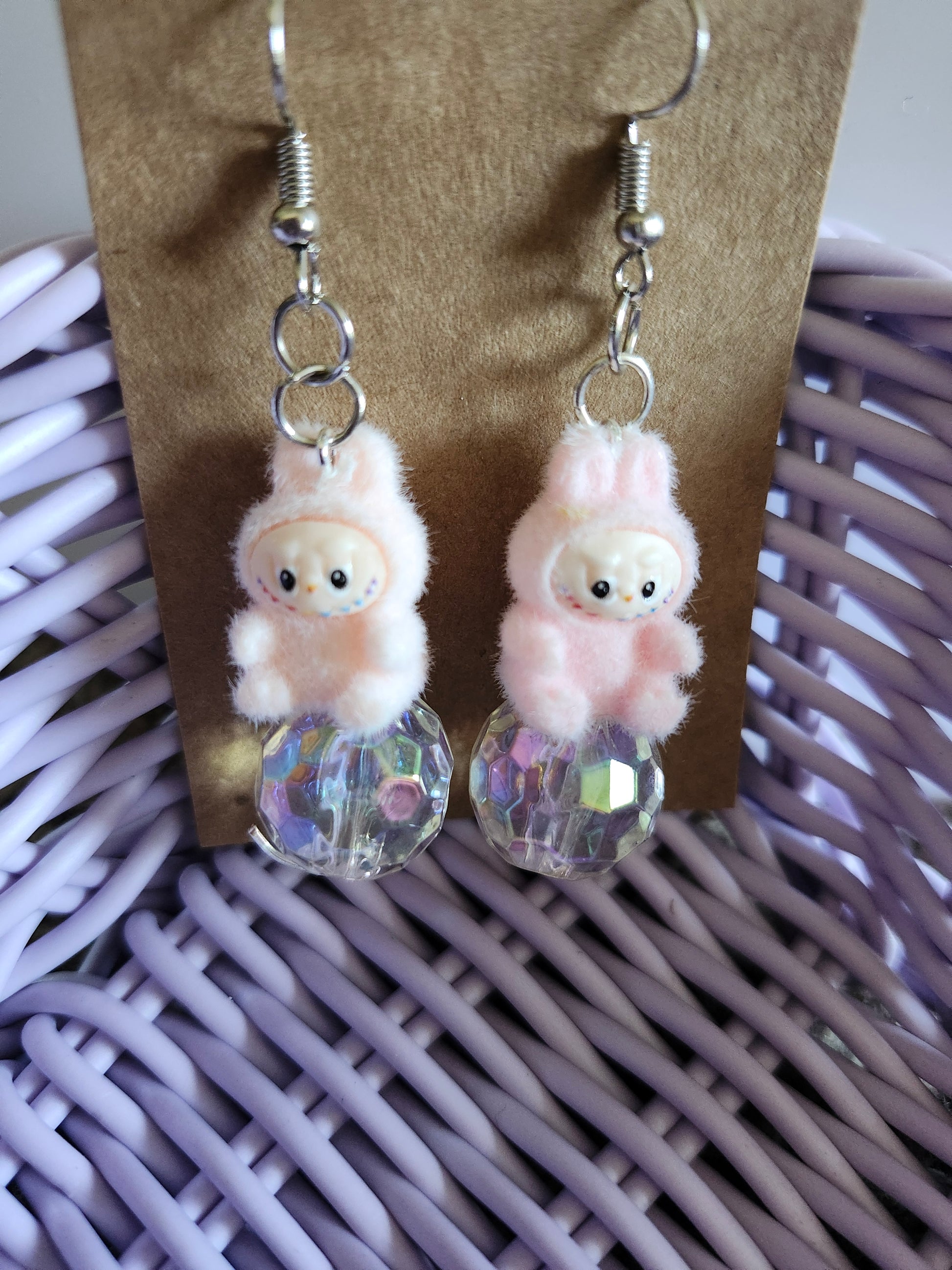 Labubu pink handmade earrings featuring cute bunny figures and sparkling crystal beads