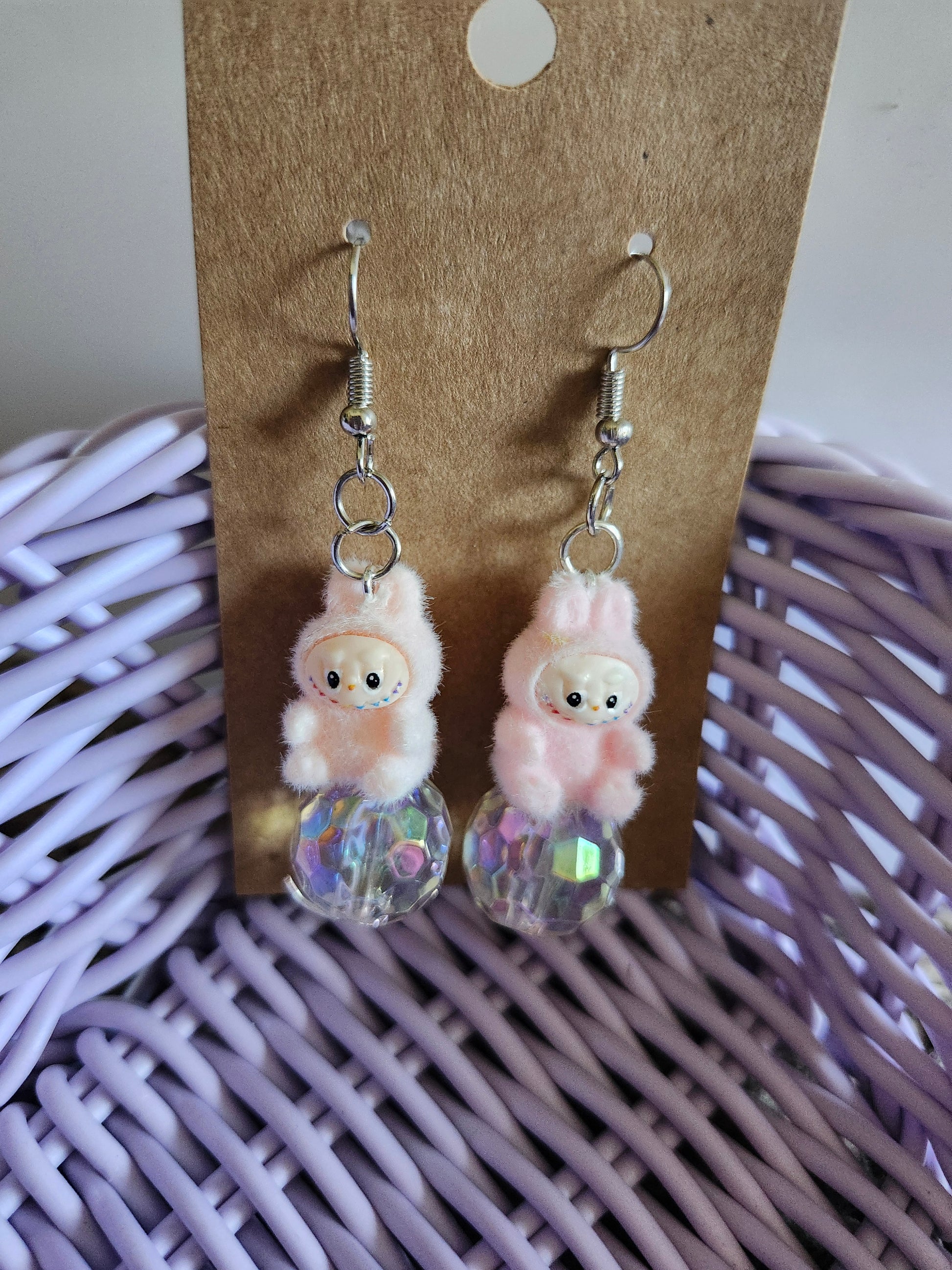 Labubu pink handmade earrings featuring cute fluffy characters and crystal-like beads