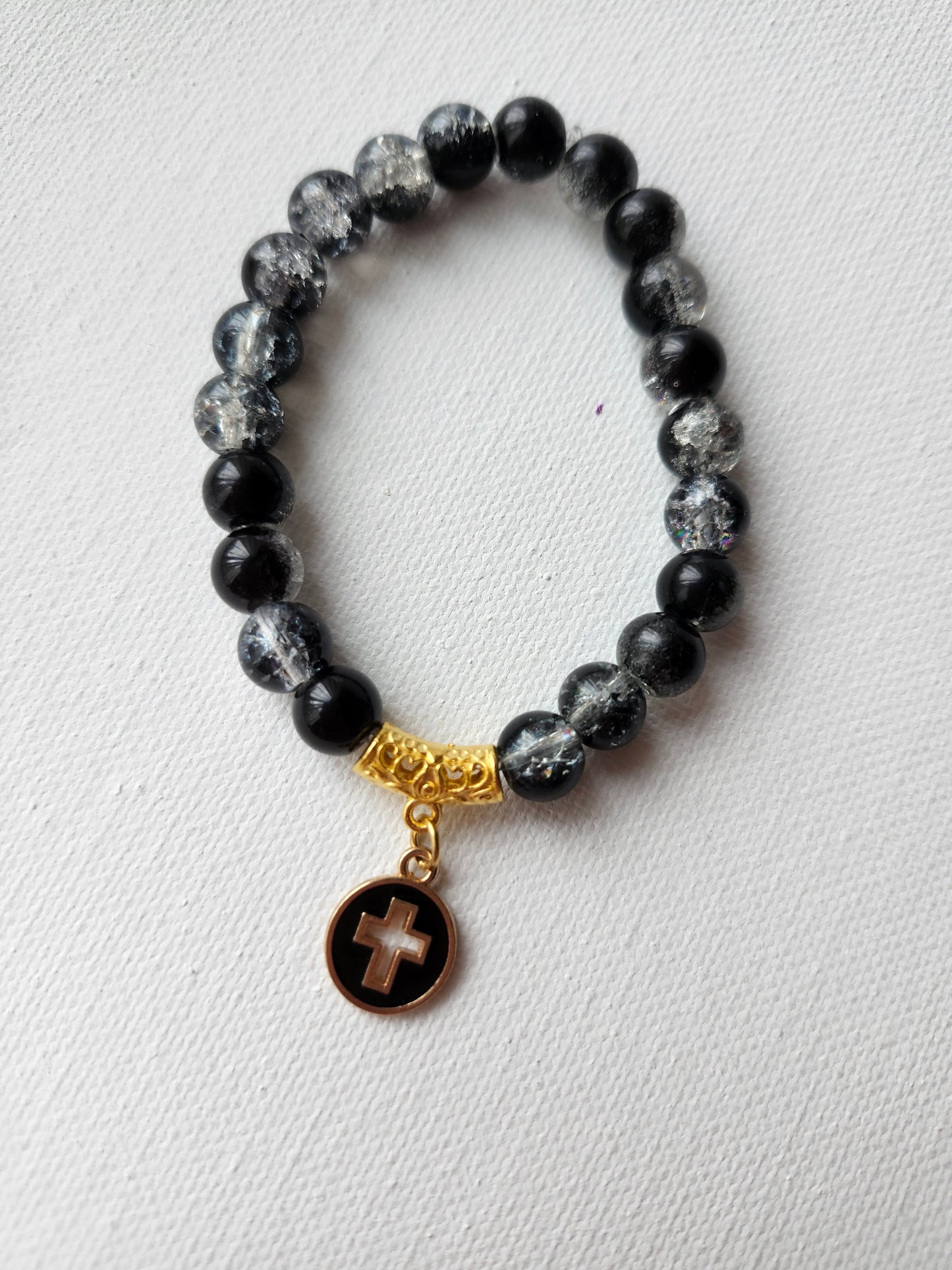 Gold and Black Cross Glass Bead Bracelet