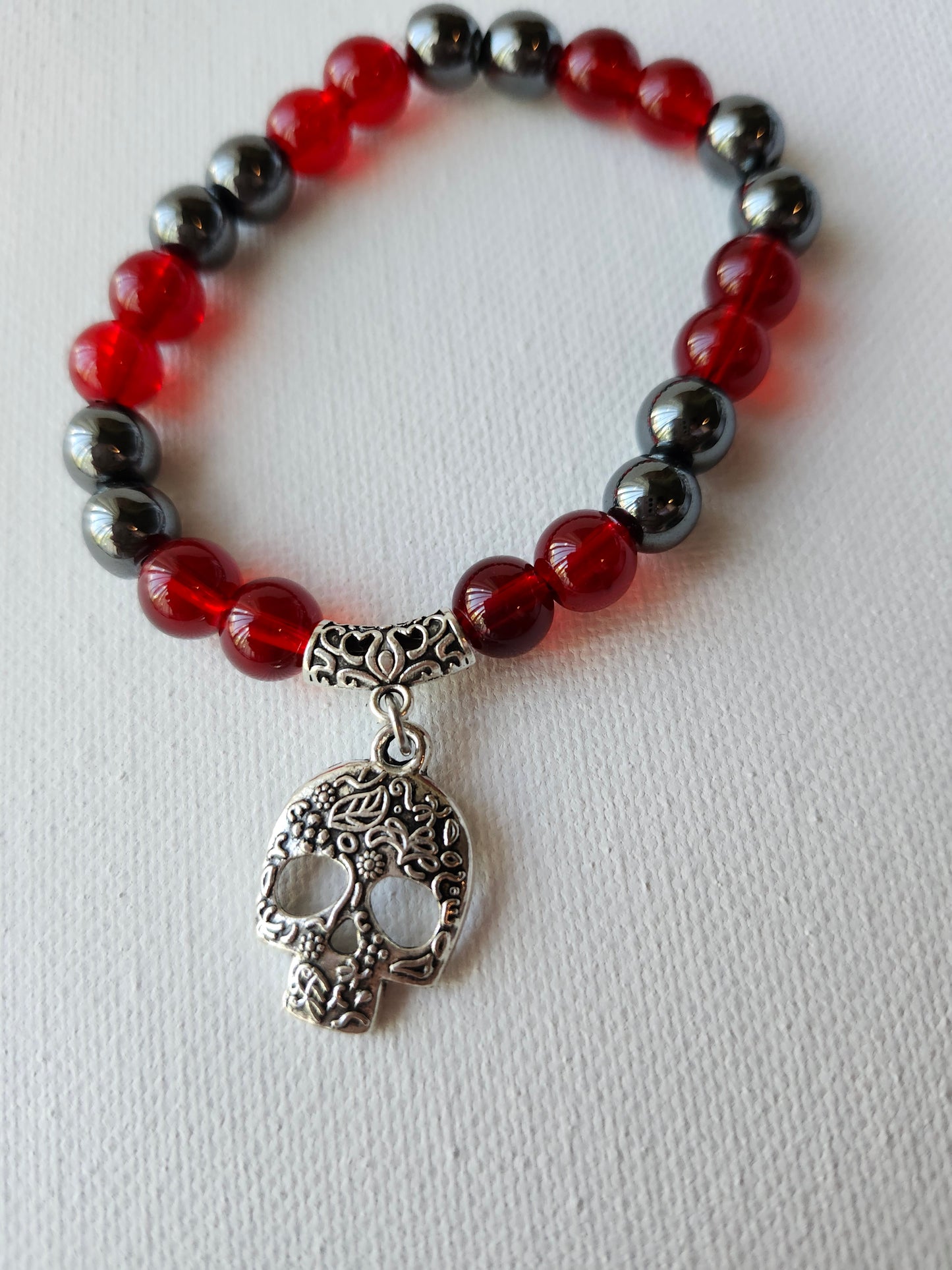 Floral Skull Hematite Glass Bead Bracelet