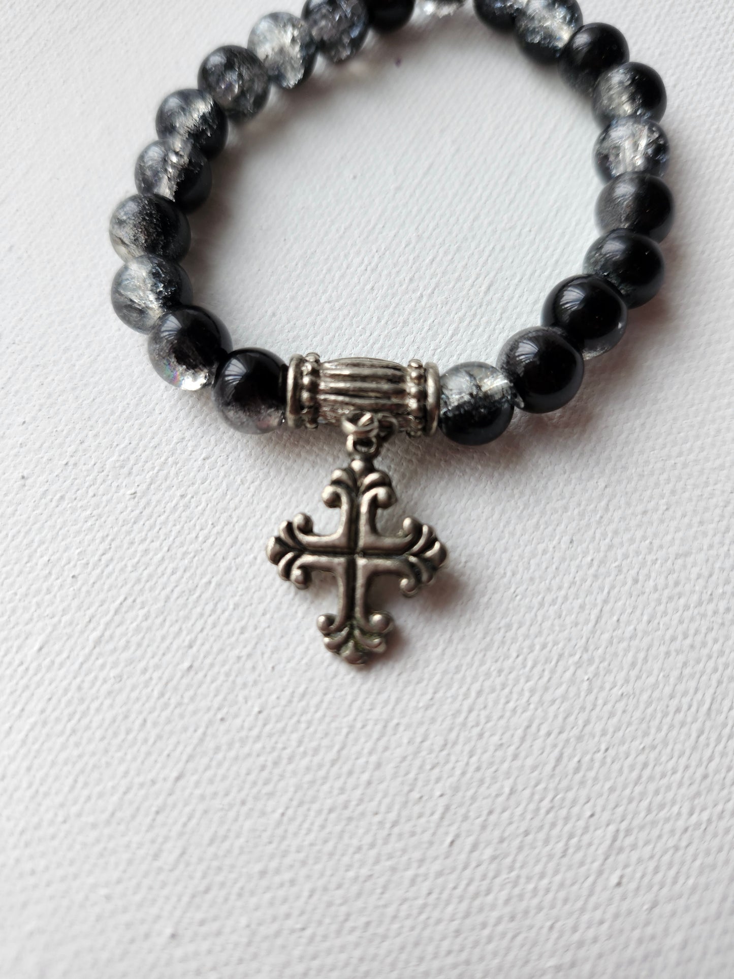 Silver and Black Cross Glass Bead Bracelet