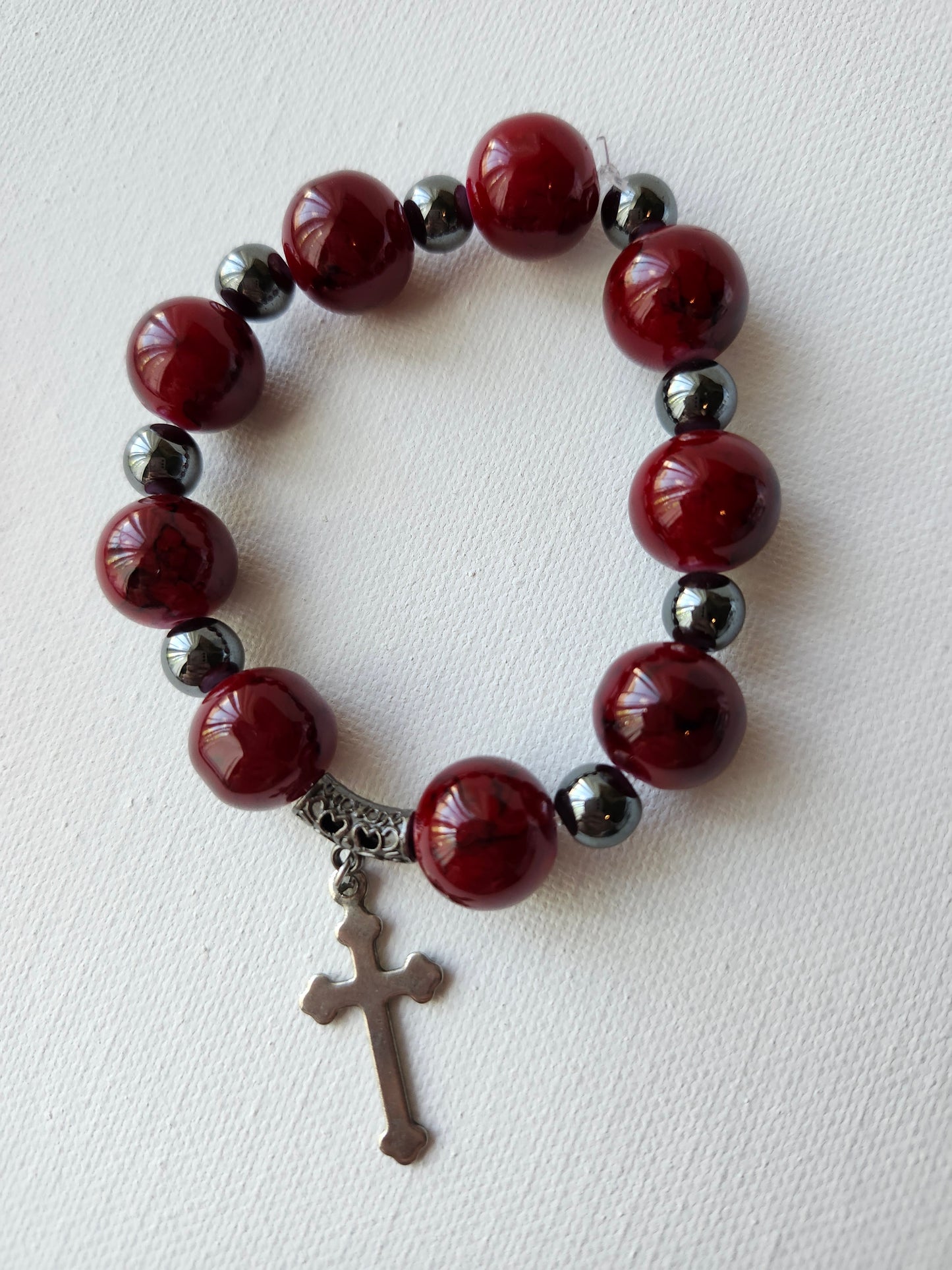 Gothic Cross Chunky Hematite Glass Bead Bracelet