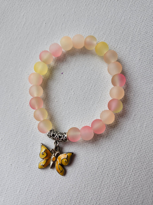 Yellow and Pink Butterfly Glass Bead Bracelet