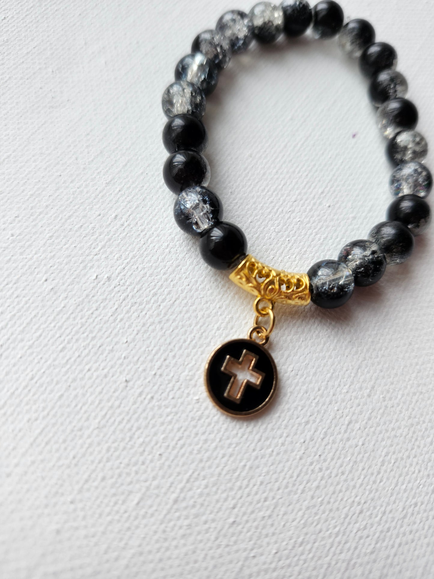 Gold and Black Cross Glass Bead Bracelet