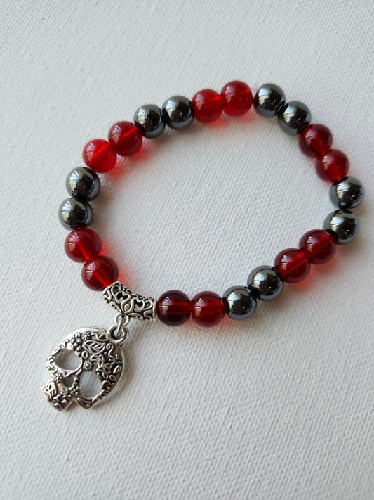 Floral Skull Hematite Glass Bead Bracelet