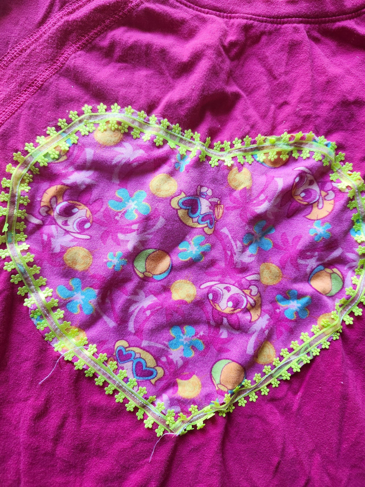 Y2K Power Puff Girls Heart Patch with Colorful Floral Patterns on a Pink Background