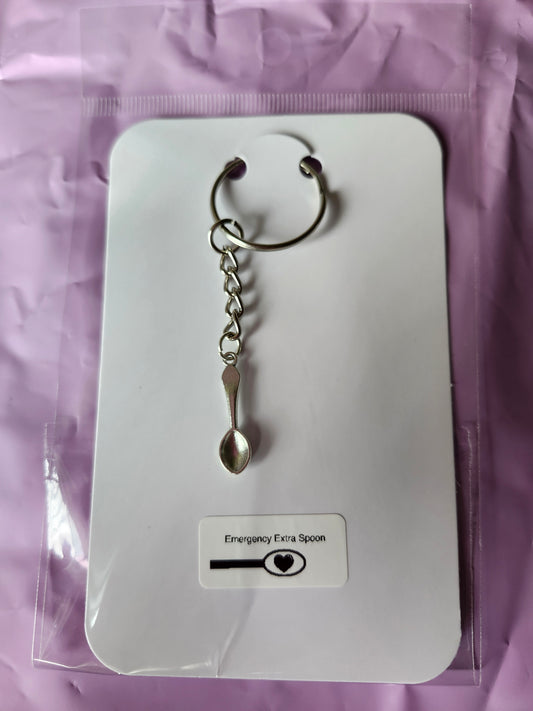 Chronic illness spoonie keychain with a small spoon charm and an extra emergency keyring