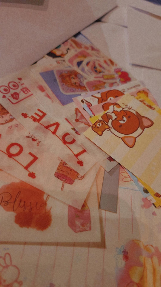 Cute Kawaii stationery set featuring colorful stickers and decorative papers for creative projects