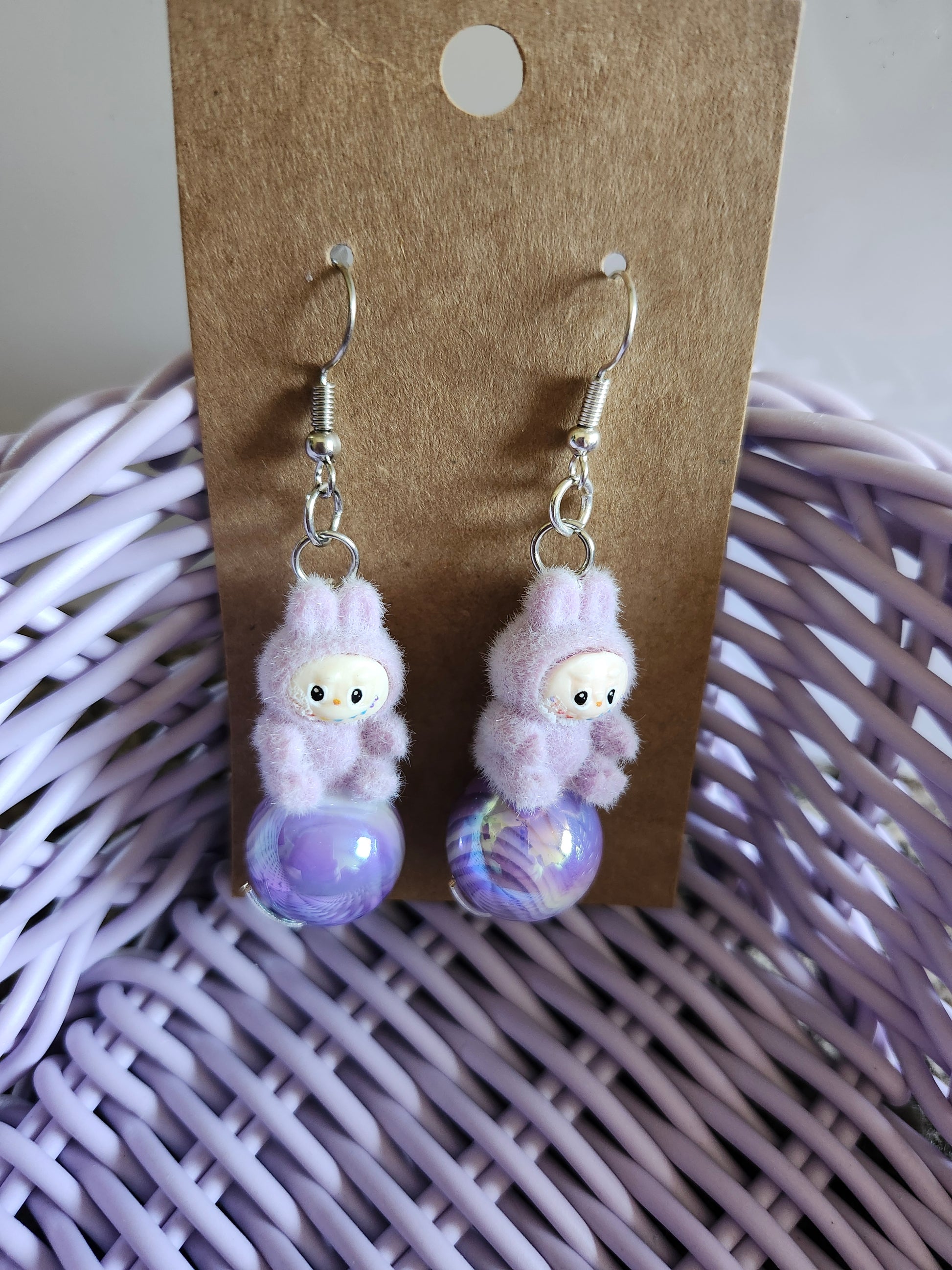 Adorable Labubu cute jewelry earrings with fluffy bunny design and purple beads, perfect for playful outfits