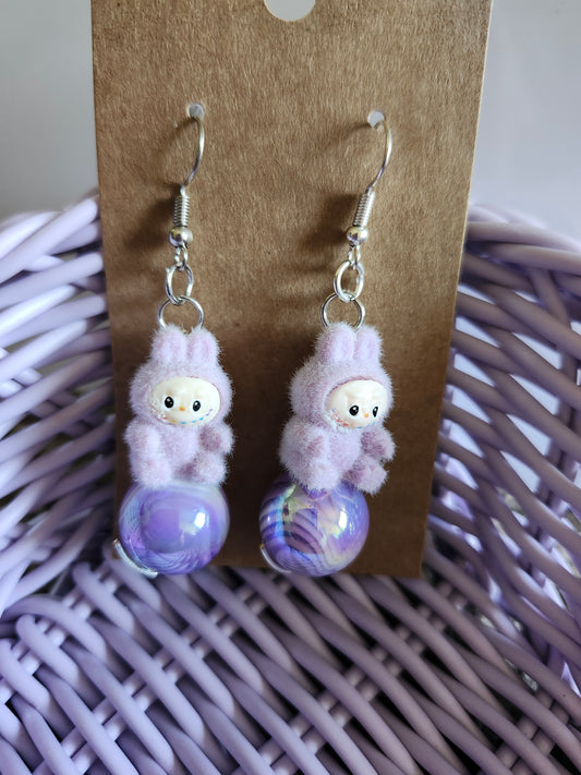 Labubu cute jewelry earrings featuring adorable bunny figures and colorful marble-like beads