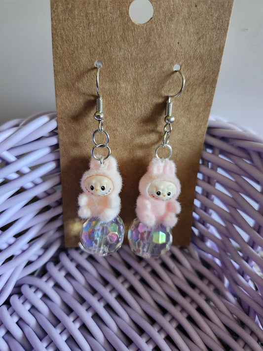 Labubu pink handmade earrings featuring cute fluffy characters and crystal-like beads