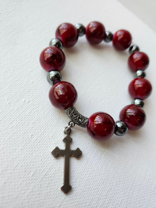 Gothic Cross Chunky Hematite Glass Bead Bracelet
