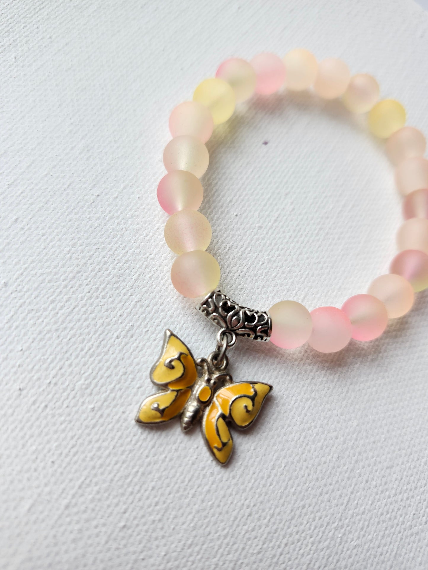 Yellow and Pink Butterfly Glass Bead Bracelet