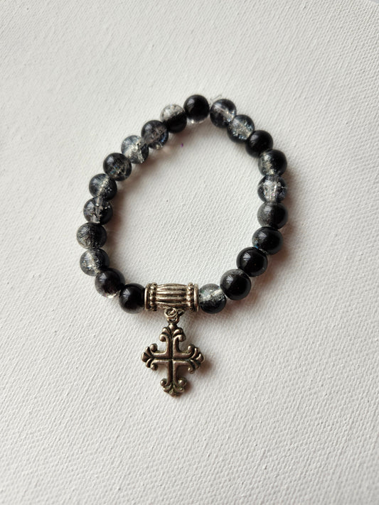 Silver and Black Cross Glass Bead Bracelet