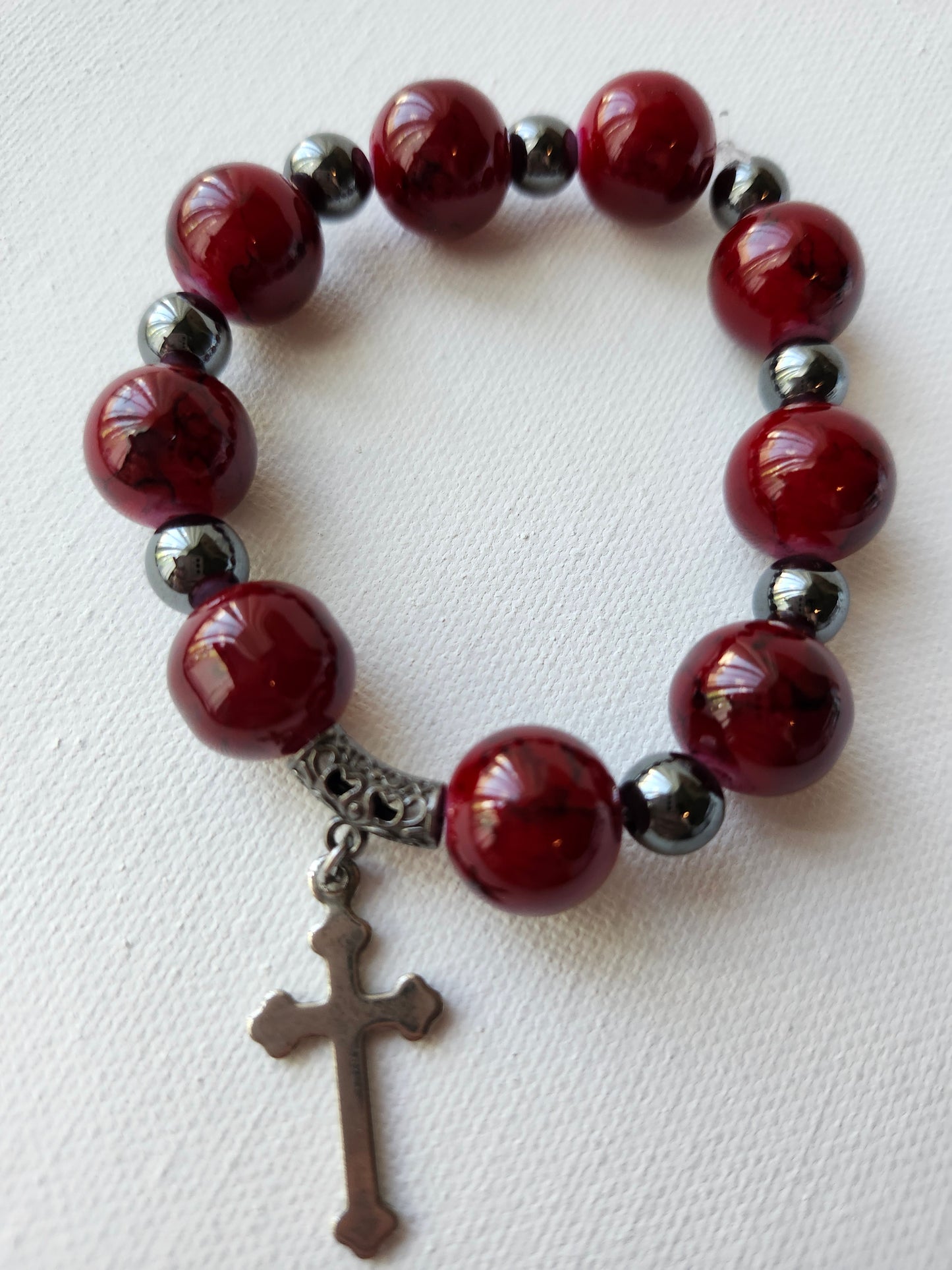 Gothic Cross Chunky Hematite Glass Bead Bracelet
