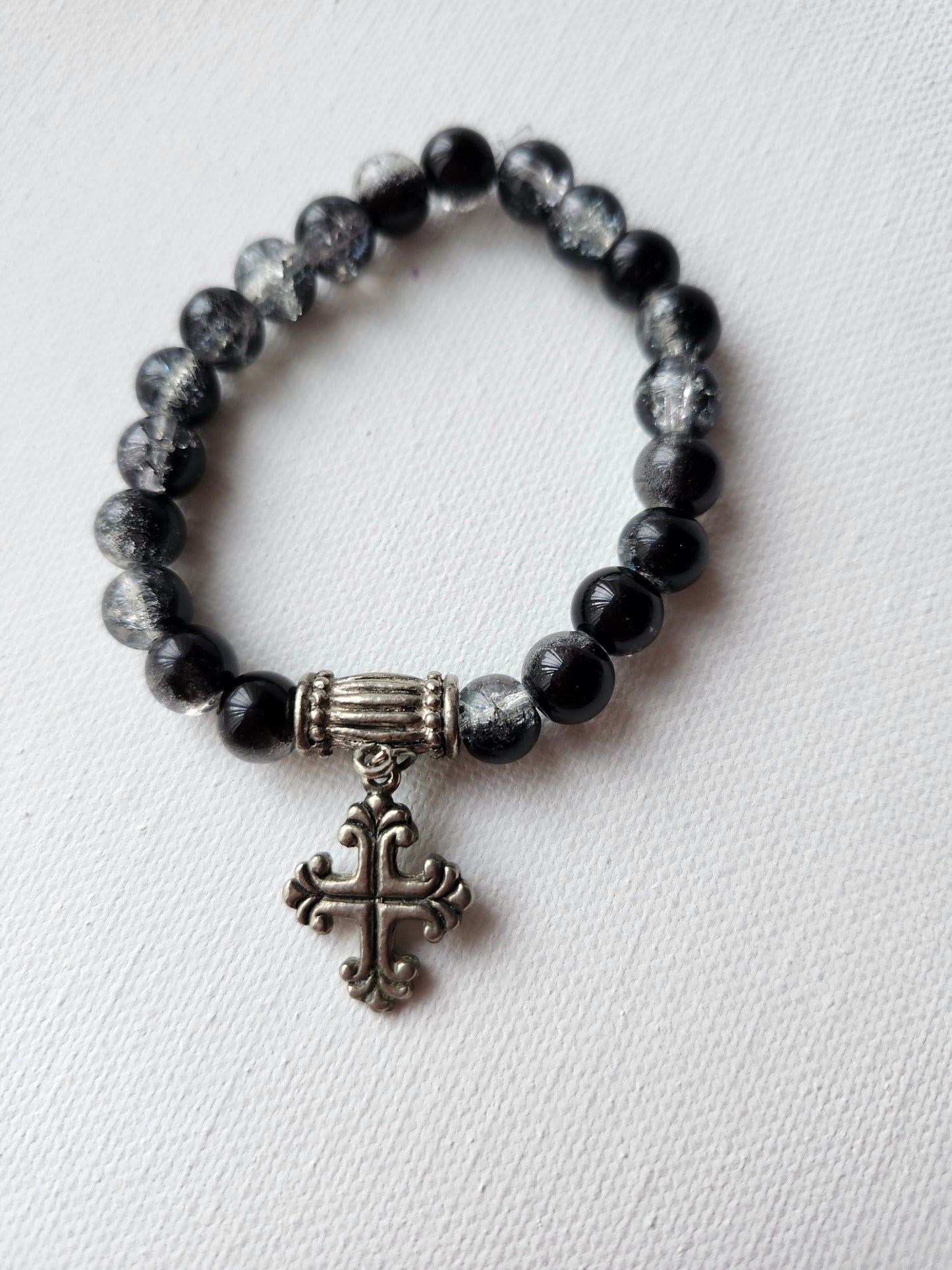 Silver and Black Cross Glass Bead Bracelet