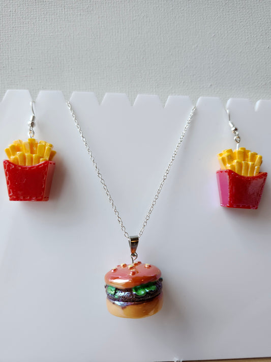 Burger and Fries Necklace and Earrings Set