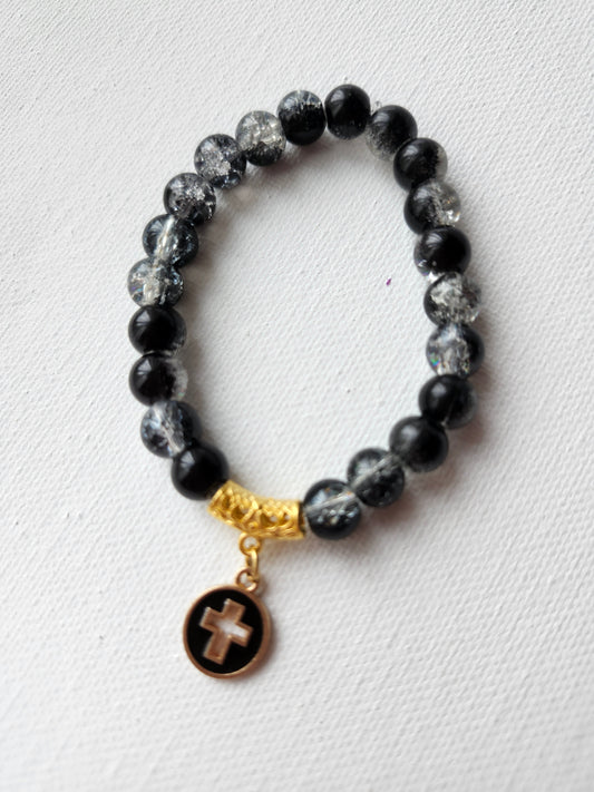 Gold and Black Cross Glass Bead Bracelet