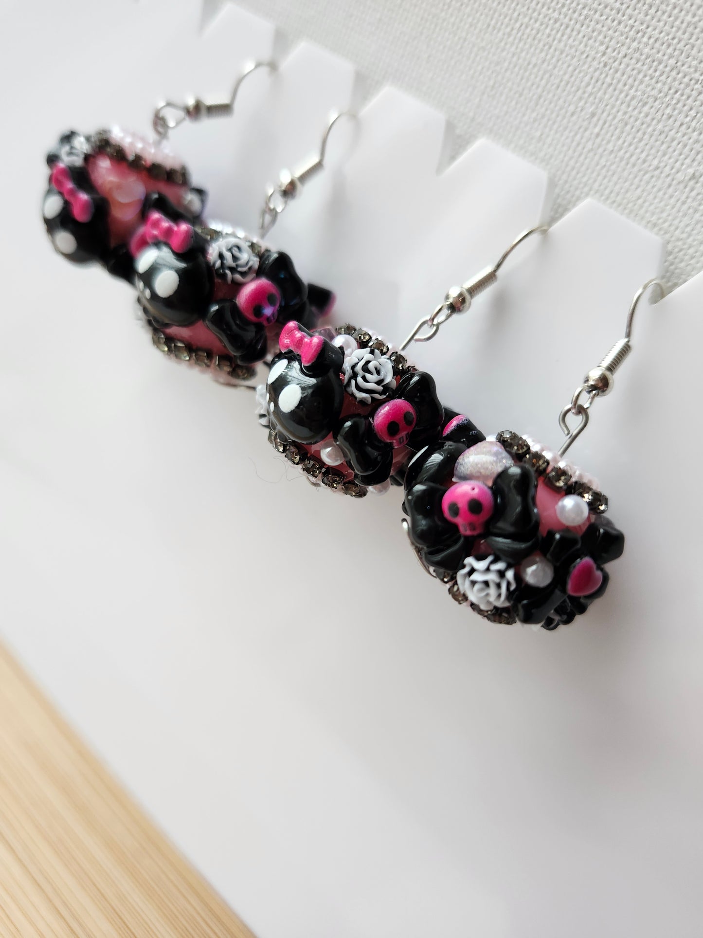 Kawaii Pink and Black Skull Fancy Earrings