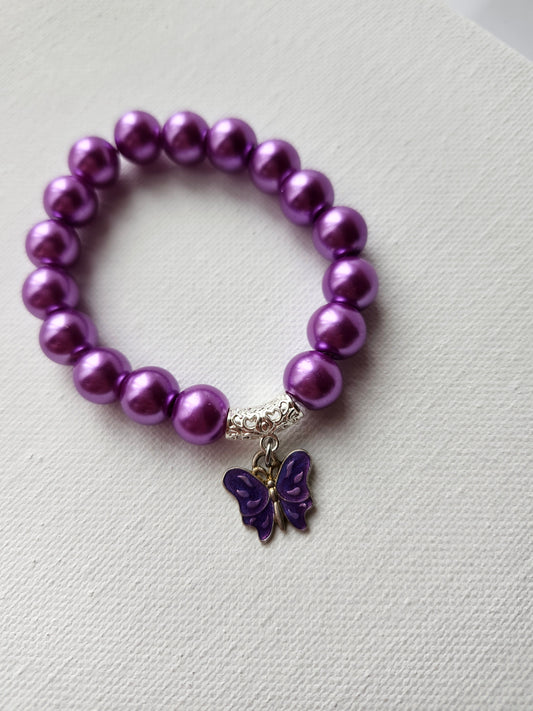 Purple Pearl Butterfly Glass Bead Bracelet