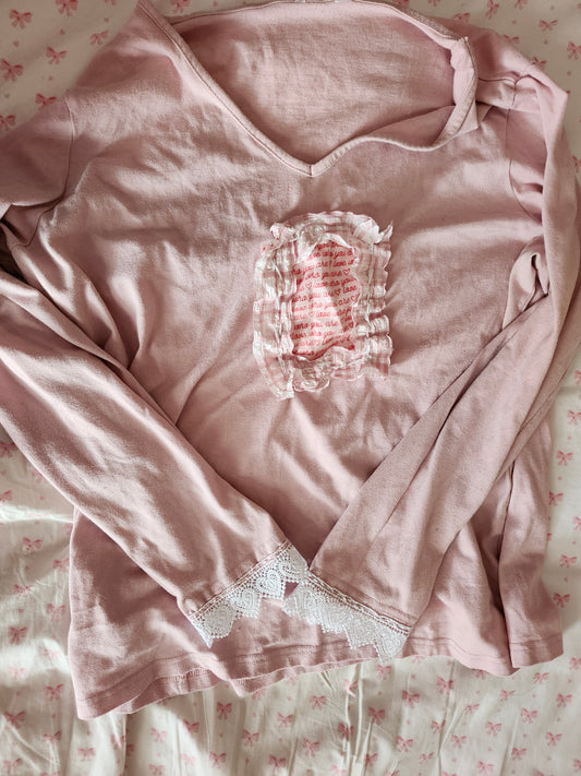 Pink Spank-Kei style clothing long sleeve top with ruffled design and lace trim