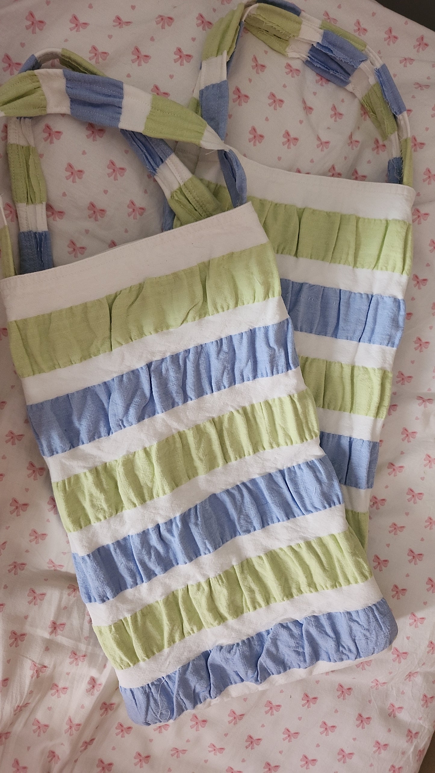 Two upcycled summer tote bags with green and blue stripes, perfect for eco-friendly shopping
