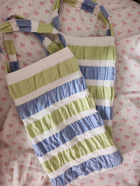 Two upcycled summer tote bags in blue and green stripes, perfect for eco-friendly errands